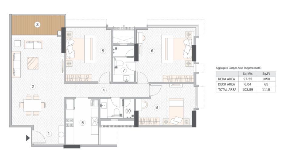 Esquina-Floor-Plan-3 BHK- 1115 Sqft